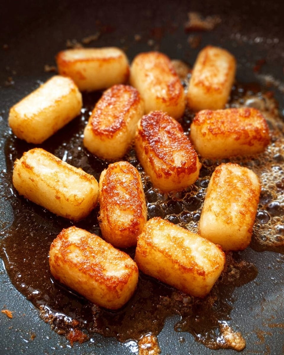 The image shows small, golden brown rice cakes frying in a dark pan with some oil. The rice cakes are cylindrical in shape, with a slightly crispy texture on the outside. They are arranged randomly in the pan, showing a mix of light golden and deeper brown colors where they are more cooked. The surface around them has a slight shine from the cooking oil, and some small browned bits stick to the pan. photo taken with an iphone --ar 4:5 --v 7