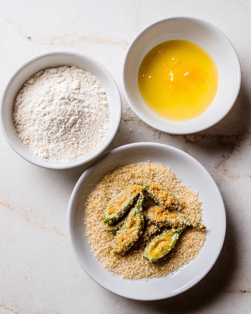 The image shows three white bowls on a white marbled surface. The top left bowl holds white flour with a fine powdery texture. The top right bowl contains beaten egg with a smooth yellow liquid. The bottom bowl has coarse breadcrumbs and six green chili slices coated in batter, resting on the breadcrumbs. The chili slices are a mix of bright and dark green with some batter drips visible. photo taken with an iphone --ar 4:5 --v 7