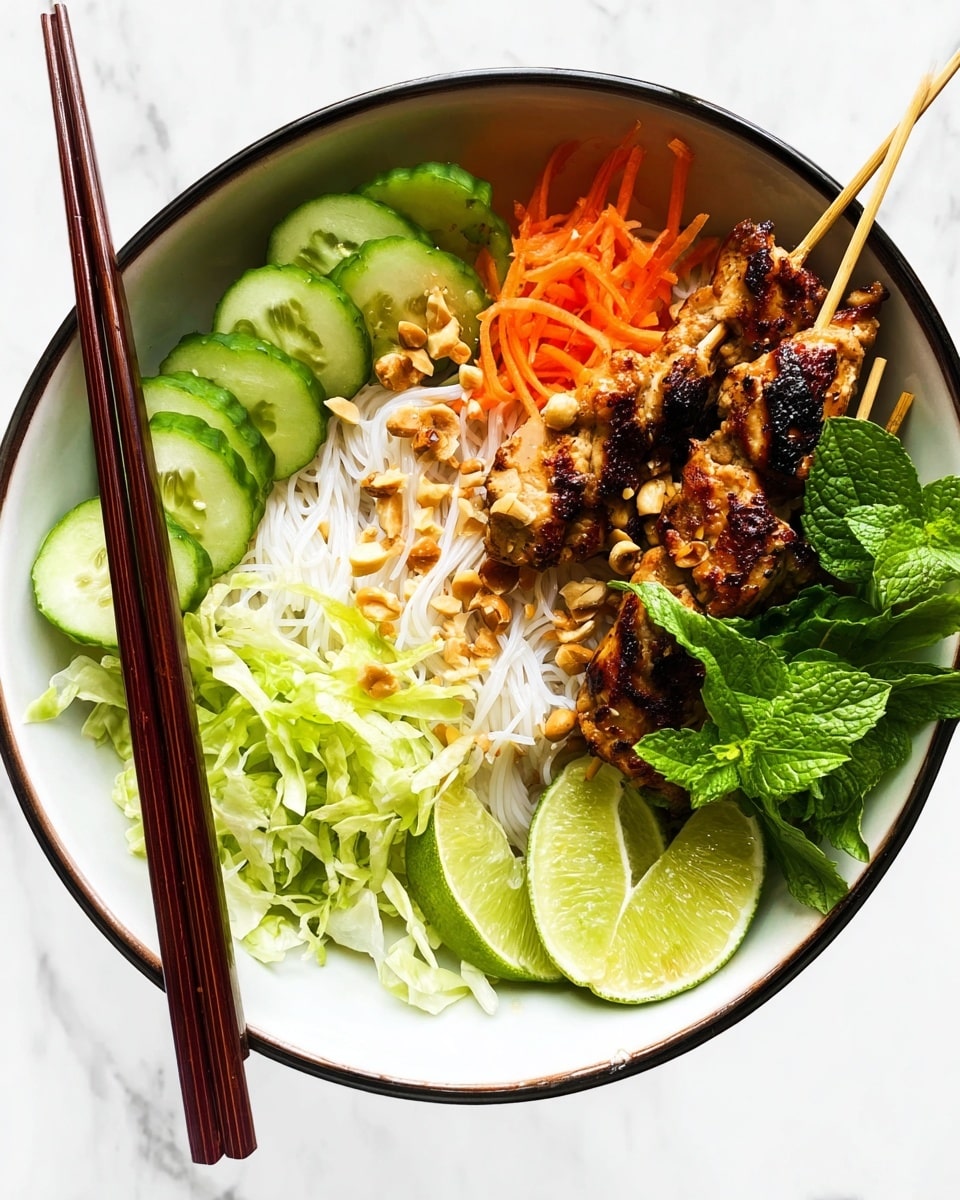 A white bowl with a black rim holds a colorful dish arranged in layers. At the base, there are thin white noodles forming the bottom layer. On top, on the left side, there are fresh green cucumber slices and shredded pale green cabbage. In the middle left, thin bright orange carrot sticks with chopped peanuts are visible. The right side features two grilled skewers of browned, slightly charred chicken with crushed peanuts sprinkled on them. Fresh green herbs, including mint and cilantro, sit near the bottom right corner along with two lime wedges. A pair of dark brown chopsticks rests on the edge of the bowl. The bowl is placed on a white marbled surface. Photo taken with an iphone --ar 4:5 --v 7