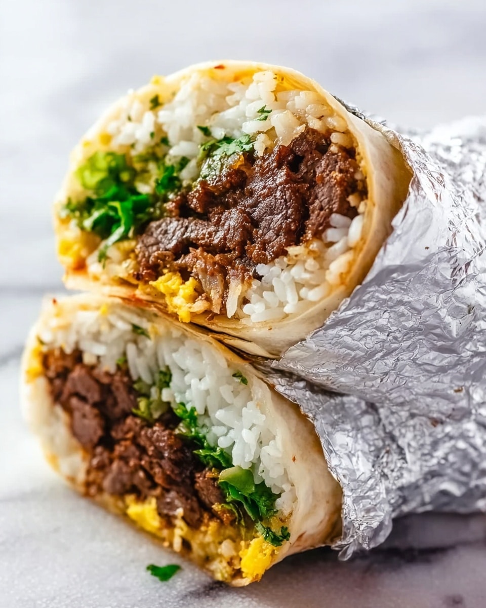 The image shows a close-up of a burrito cut in half, wrapped partially in shiny foil. Each half reveals several layers inside the white flour tortilla: a bottom layer of soft white rice, followed by a layer of cooked green lettuce or herbs, then a thick layer of dark brown cooked beef or meat, and small bits of bright yellow egg on top. The tortilla is slightly toasted with light brown spots, and the burrito is placed on a white marbled surface. Photo taken with an iphone --ar 4:5 --v 7