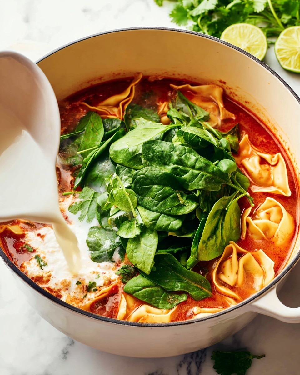 In the white pot, there is a tomato-based soup with several folded, golden-brown pasta pieces partly covered by the red broth. On top, a generous pile of fresh, bright green spinach leaves sits in the middle. A white creamy liquid is being poured gently from a white pitcher into the soup near the bottom left. The pot rests on a white marbled surface with some green leaves and lime wedges visible in the upper right corner. Photo taken with an iphone --ar 4:5 --v 7