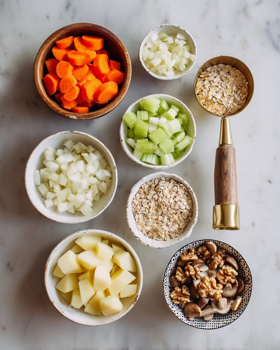 The image shows seven small bowls arranged on a white marbled surface, each filled with a different chopped ingredient. From the top left, there is a wooden bowl with bright orange carrot slices, next to it a small bowl with finely chopped garlic. Below that, a white bowl contains pale green celery pieces, and beside it, a white bowl holds chopped white onions. To the right, a golden scoop with a wooden handle is filled with rolled oats. Below the onions, there is a white bowl with chunks of pale yellow potato, next to a small bowl filled with brown walnut halves. At the bottom right, a patterned small bowl holds sliced brown mushrooms. The items are neatly placed with clear separation between each bowl. photo taken with an iphone --ar 4:5 --v 7