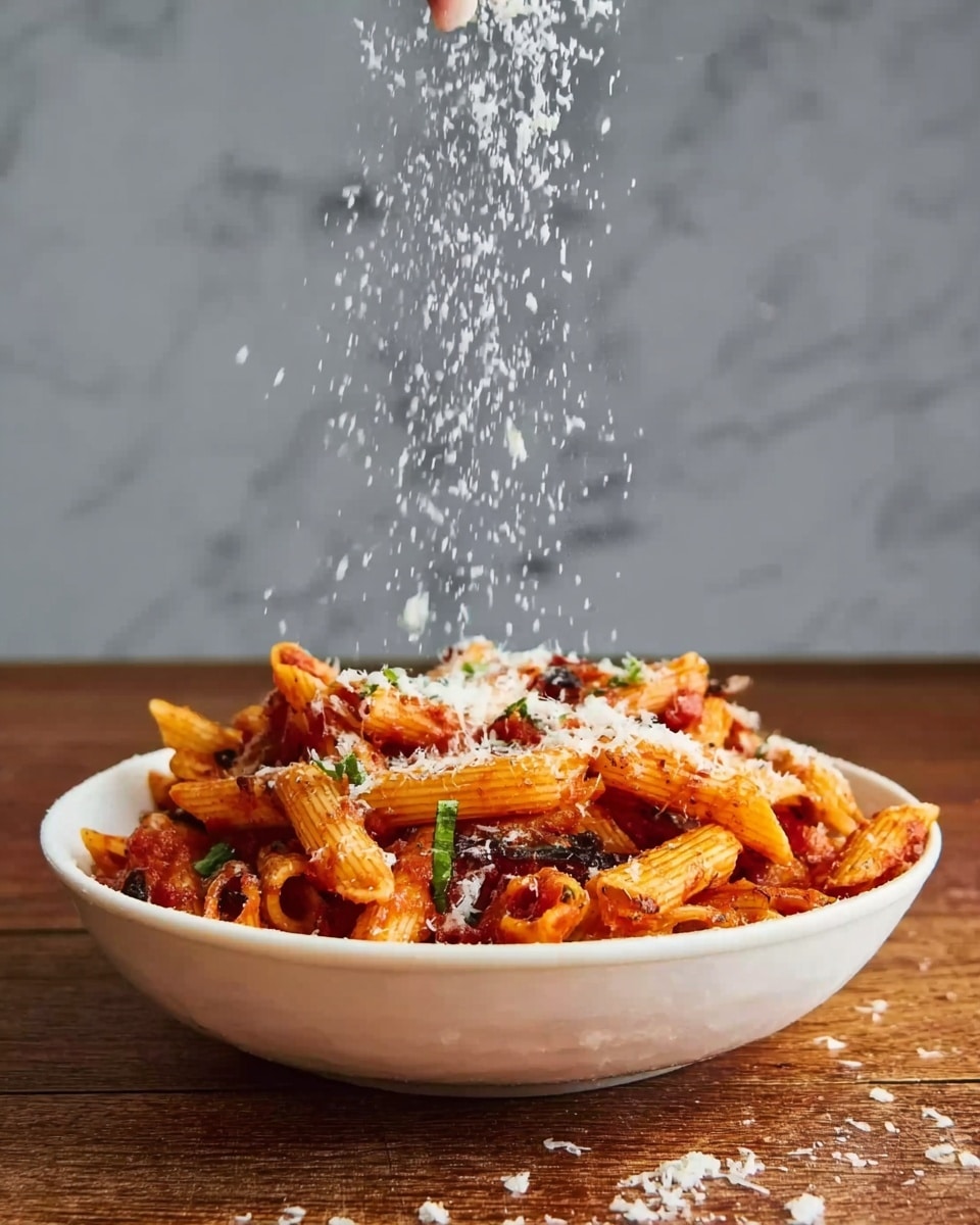 A white bowl filled with cooked penne pasta covered in a rich, red tomato sauce with visible pieces of herbs and small bits of vegetables or meat mixed in. The pasta has a slightly glossy texture from the sauce. Above the bowl, a woman's hand is sprinkling grated white cheese that is falling gently over the pasta, with some cheese pieces visible mid-air and a few scattered on the table around the bowl. The bowl sits on a wooden surface with a white marbled background behind it. photo taken with an iphone --ar 4:5 --v 7