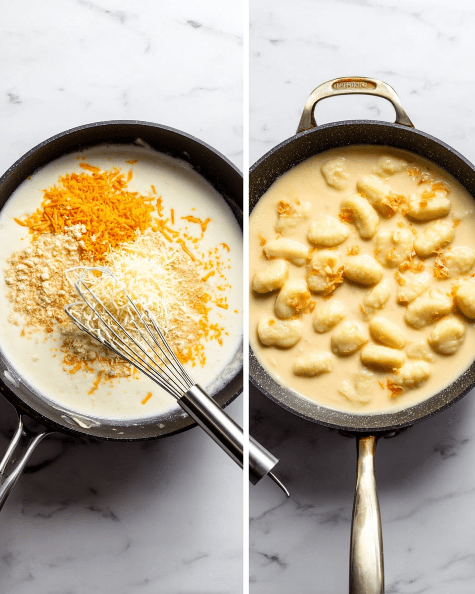 The image shows two black pans on a white marbled surface. In the left pan, there is a thick white sauce with orange bits on top, along with a small heap of grated cheese that is pale yellow. A whisk with a shiny silver handle rests in the pan, surrounded by the sauce and toppings. The right pan has a creamy, light orange sauce covering the bottom and soft, light beige gnocchi pieces scattered on top, some slightly dipped in the sauce. Both pans are placed side by side, showing different stages of the cooking process. Photo taken with an iphone --ar 4:5 --v 7