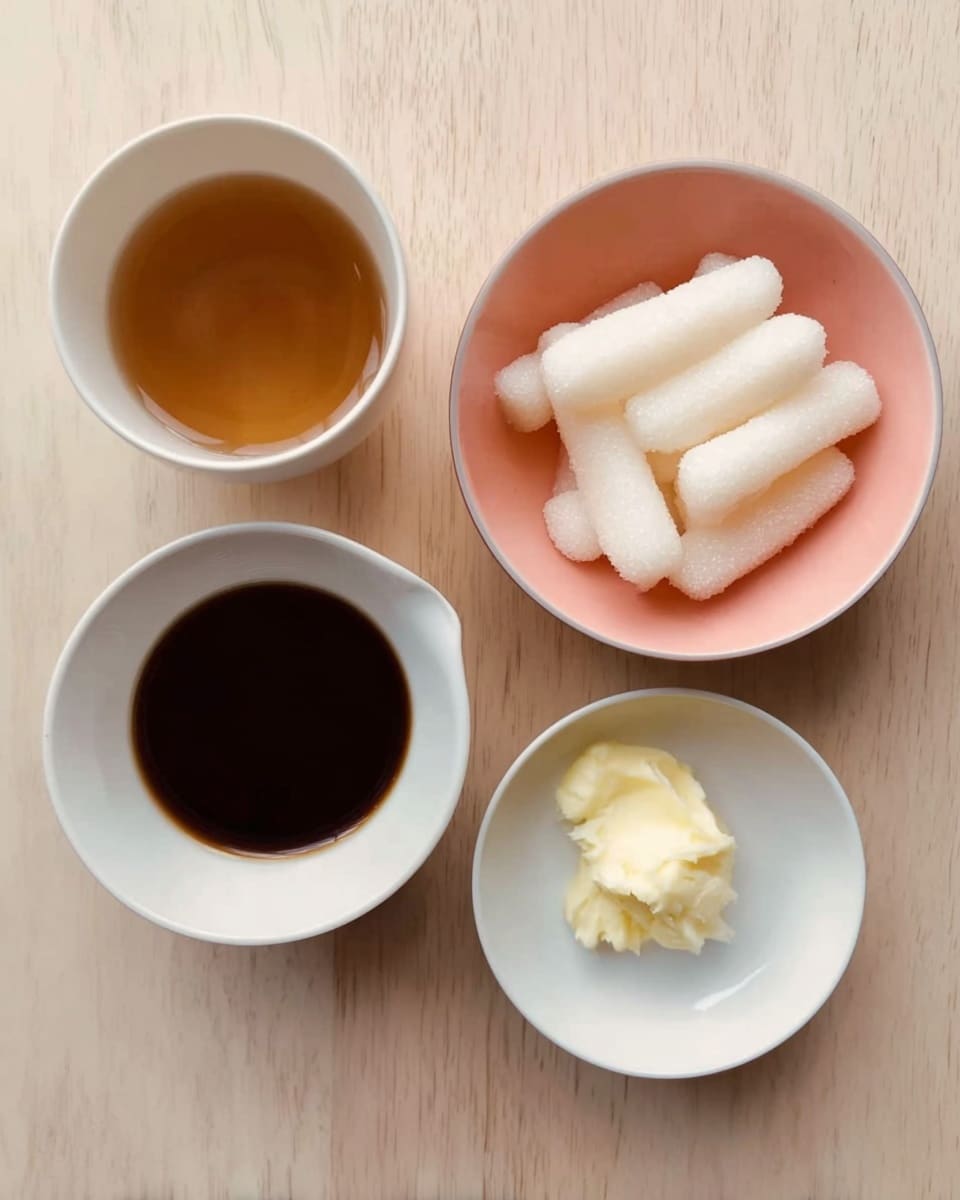 The image shows four small bowls placed on a light wood table. The top right bowl is white inside but pink outside, filled with short, thick, white rice cakes. The top left bowl is white, holding a light brown liquid, likely a sauce. The bottom left bowl is white with some dark brown liquid in the center, possibly soy sauce. The bottom right bowl is white, containing a small portion of pale yellow butter or margarine. The bowls sit on a white marbled surface. photo taken with an iphone --ar 4:5 --v 7