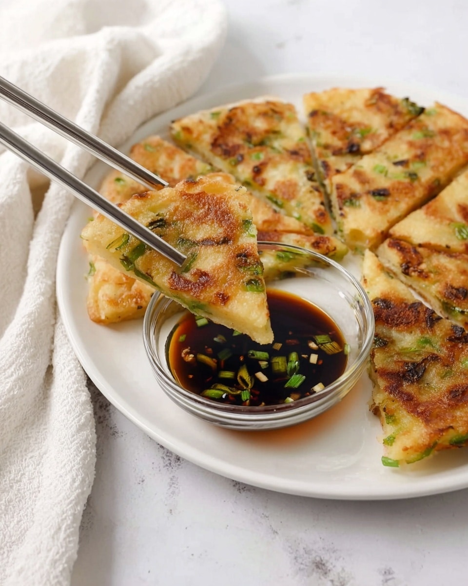 A round pancake with a golden brown color and visible green pieces, sitting on a white plate. A silver chopstick held by a woman's hand is lifting one square piece from the pancake. Below the piece, there is a small clear glass bowl filled with dark soy sauce that has chopped green onions floating in it. The scene is set on a white marbled surface with a soft white cloth nearby. Photo taken with an iphone --ar 4:5 --v 7