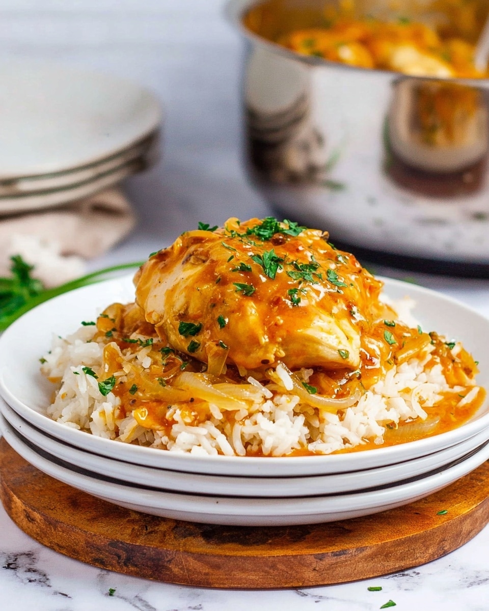 The image shows a white plate with one main layer of cooked white rice, topped with a single large piece of golden brown cooked chicken covered in a thick orange sauce with visible soft slices of cooked onions mixed in. Small green parsley leaves are scattered on top, adding a fresh touch. The plate is part of a stack of three white plates placed on a round wooden surface, with a shiny metal pot blurred in the background. The scene is set on a white marbled surface. Photo taken with an iphone --ar 4:5 --v 7