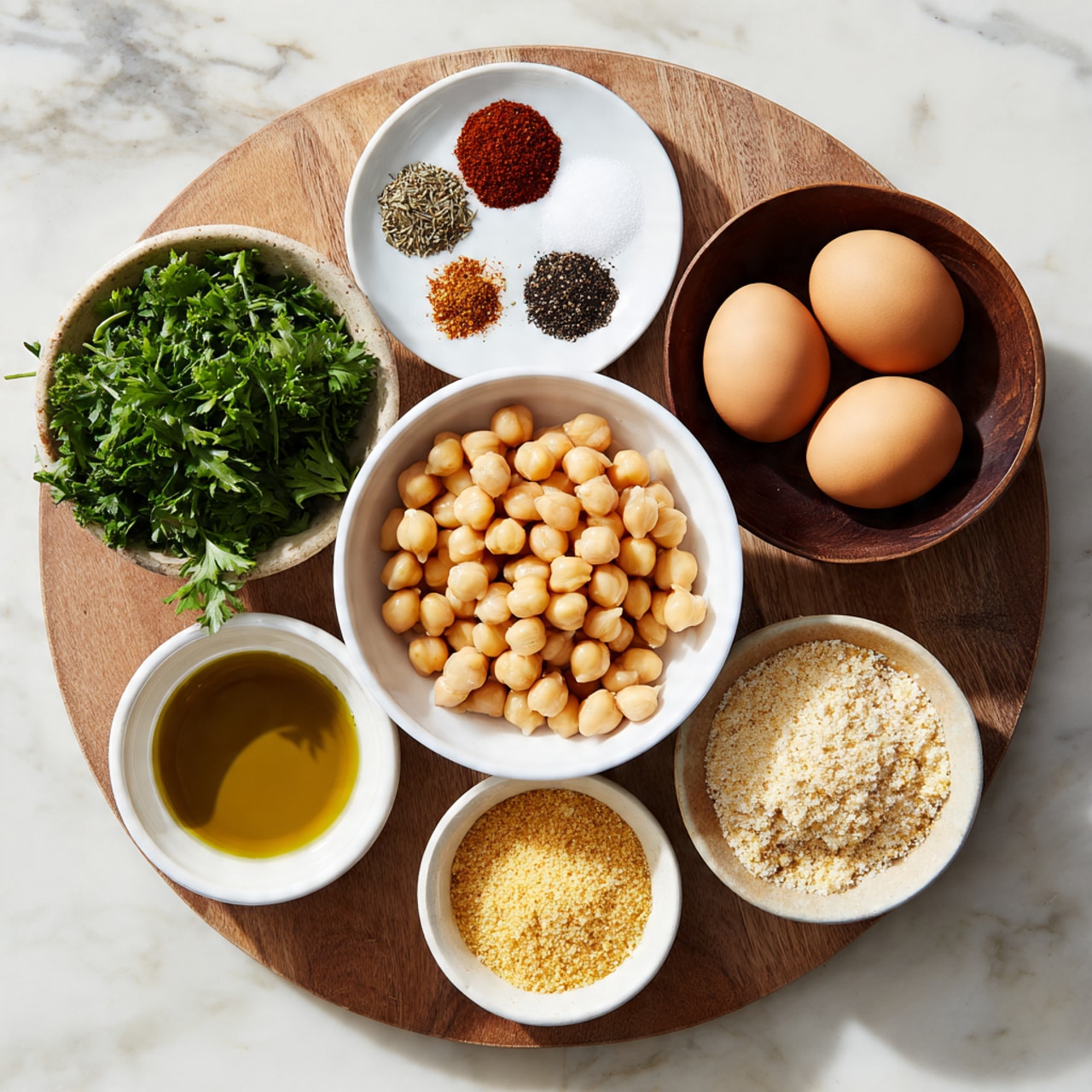 A round wooden board holds six small white bowls with different ingredients arranged in a circle. The largest bowl at the bottom center is filled with light beige chickpeas. To the left, a small white bowl contains dark golden olive oil. Above it, another white bowl is filled with fresh bright green parsley leaves. At the top left, a small white dish holds spices in four sections, including salt, black pepper, red chili powder, and dried herbs. To the top right, a dark brown wooden bowl has two light brown eggs. Below and slightly right of the eggs, a white bowl contains light yellow nutritional yeast flakes. Finally, on the right, another white bowl holds light beige breadcrumbs with a coarse texture. The whole setup is on a white marbled surface. photo taken with an iphone --ar 4:5 --v 7