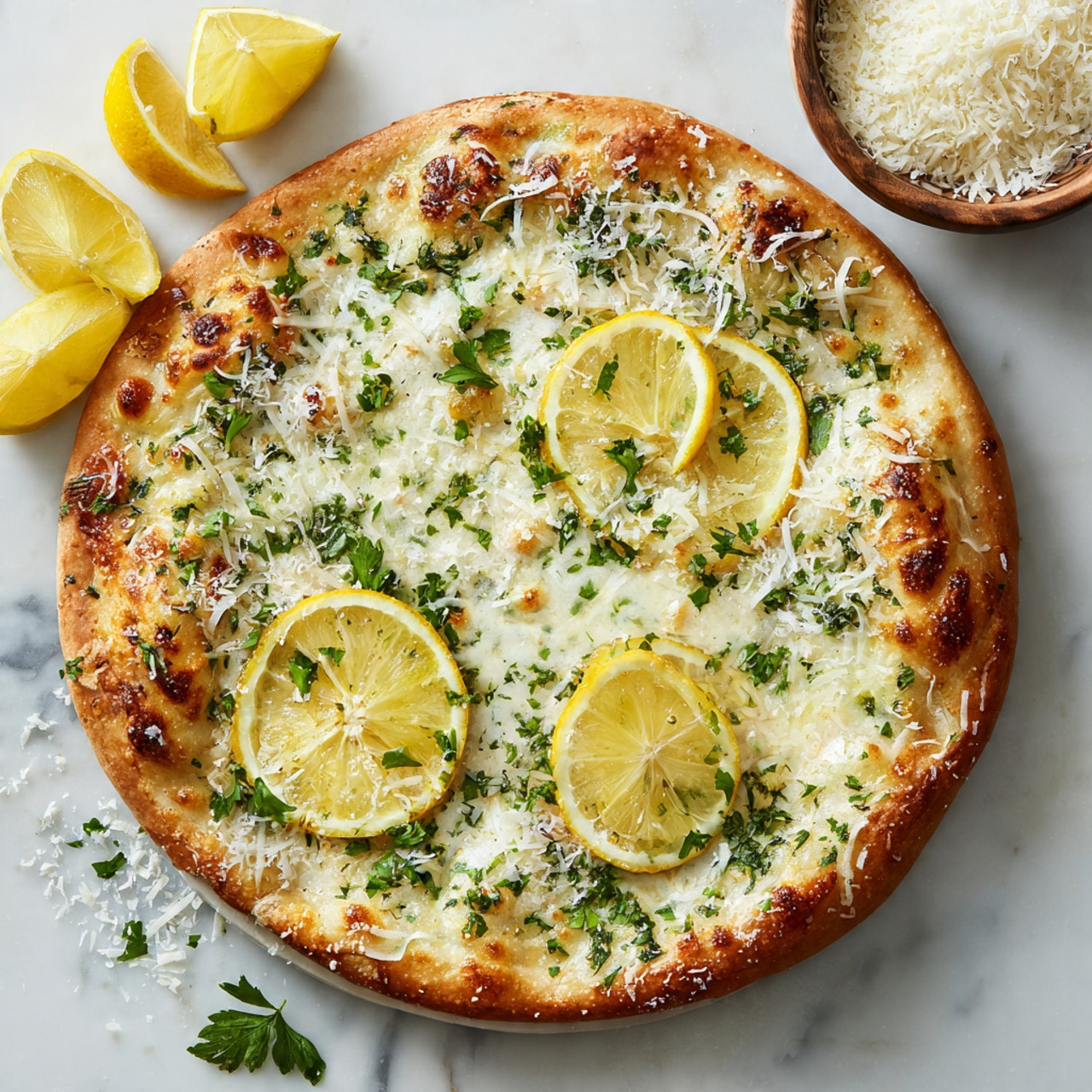 A pizza with a thick golden brown crust sits on a surface with a white marbled texture. The pizza has one main layer topped with melted white cheese mixed with green herbs spread unevenly across the top. On the cheese, there are four thin slices of bright yellow lemon placed evenly. Small sprigs of fresh green parsley are scattered over the cheese. Around the pizza are lemon wedges and a wooden bowl filled with grated white cheese. The overall look is fresh and bright with a mix of white, yellow, and green colors. photo taken with an iphone --ar 4:5 --v 7