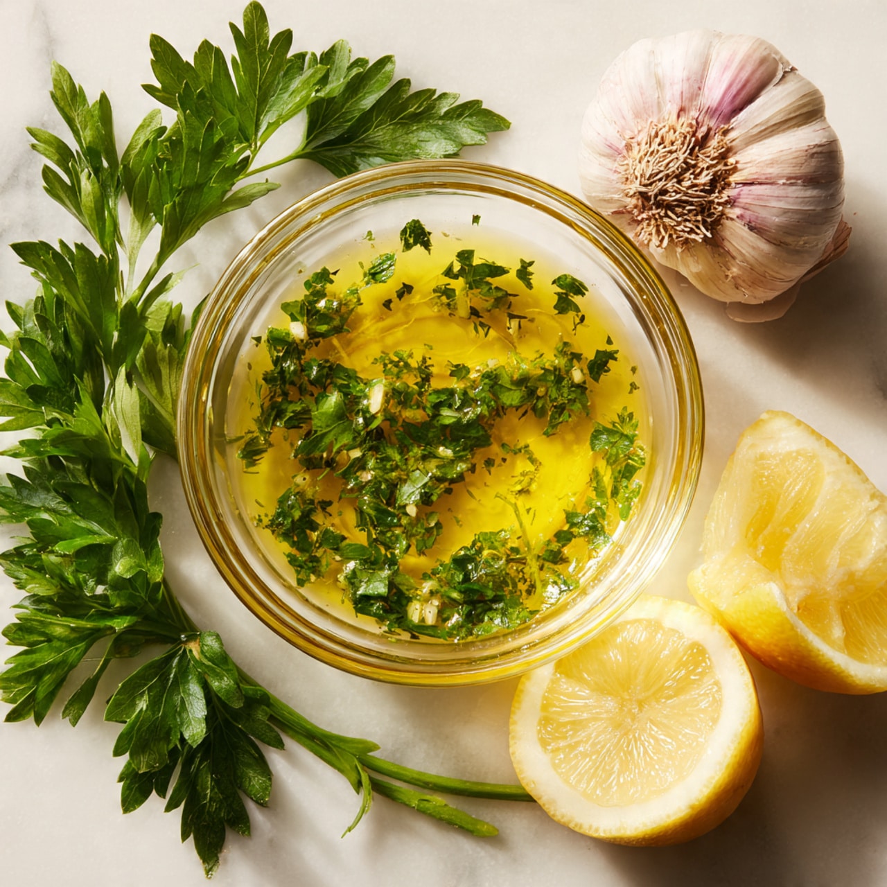 A small clear glass bowl sits in the center on a white marbled surface, filled with a bright yellow olive oil layer mixed with chopped green herbs floating throughout. Around the bowl, there are fresh green parsley leaves arranged loosely, a whole garlic bulb with light pinkish hues and roots visible on the right side, and two lemon halves with vibrant yellow rinds and juicy pale yellow inside placed on the left. The image has soft natural light highlighting the fresh ingredients. photo taken with an iphone --ar 4:5 --v 7