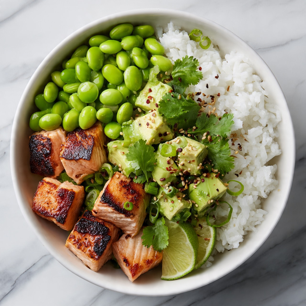 A white bowl filled with a bottom layer of fluffy white rice, topped with chunks of golden grilled chicken pieces scattered on one side. Next to the chicken, bright green edamame beans create a fresh, smooth mound. On the other side, small cubes of pale green avocado mixed with green onions and bits of dark red chili flakes add texture and color. The dish is sprinkled with white sesame seeds and finely chopped cilantro leaves. Lime wedges rest on the side of the bowl, all set on a white marbled surface with more small white bowls and avocado halves partially visible around it. Photo taken with an iphone --ar 4:5 --v 7