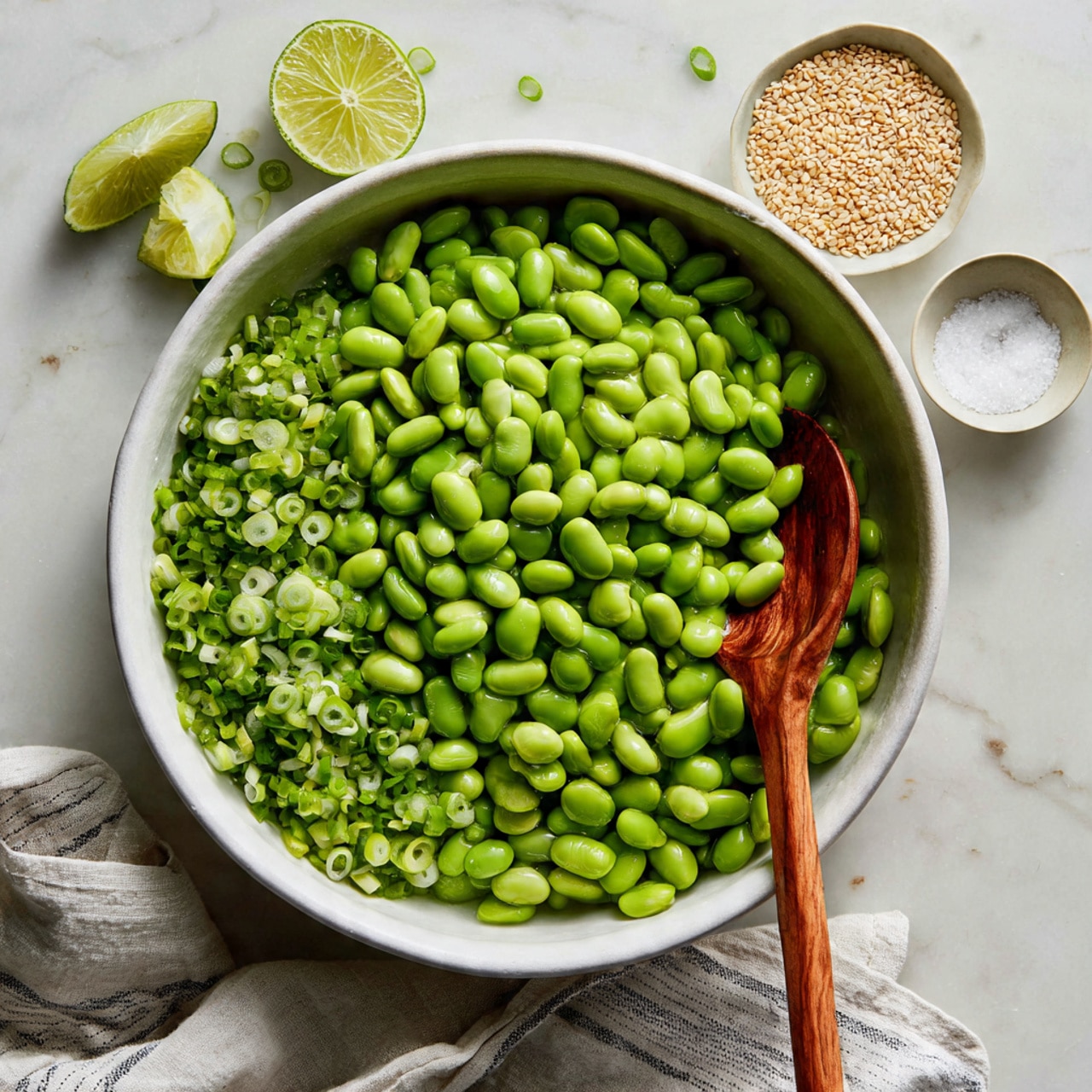 A white bowl filled with bright green edamame beans covering most of the right side, and chopped green onions on the left side, both with fresh, natural textures. A wooden spoon with a smooth finish lies inside the bowl on the right side, slightly buried under the edamame. Around the bowl on a white marbled surface are small white bowls containing sesame seeds, salt, and a light-colored liquid, along with two lime halves and a couple of green onions for added color and context. A striped cloth is partially visible beneath the bowl, adding a soft, casual touch to the composition. photo taken with an iphone --ar 4:5 --v 7