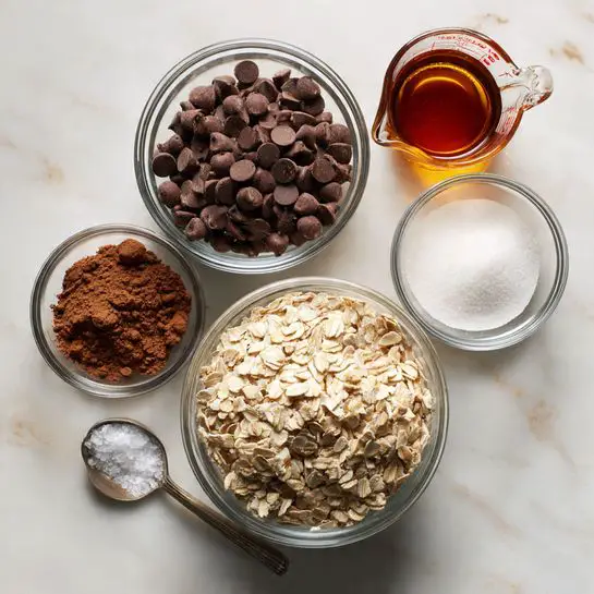 The image shows five clear glass bowls arranged on a white marbled surface, each containing different ingredients. The largest bowl at the bottom center is filled with light beige rolled oats, with a rough and flaky texture. Above it, to the left, is a medium bowl full of round dark brown chocolate chips, smooth and glossy. To the right of the oats is a small bowl of white granulated sugar, fine and bright. Above the sugar is a glass measuring cup with dark amber maple syrup, transparent with a smooth liquid surface. To the left of the sugar is a small bowl containing rich brown cocoa powder, finely powdered and matte. A metal measuring spoon with white salt rests on the surface near the sugar bowl. The photo taken with an iphone --ar 4:5 --v 7