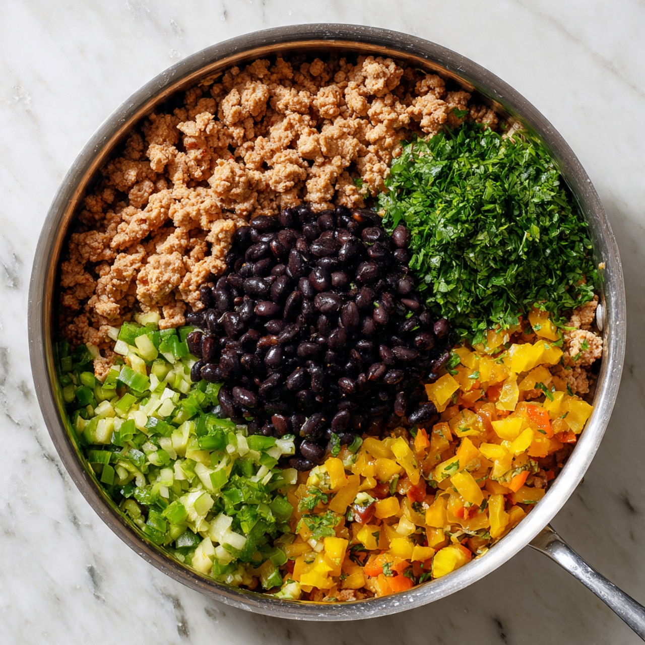 A stainless steel pan sits on a white marbled textured surface, filled with four main layers of ingredients. The base is light brown cooked ground meat spread unevenly across the pan's bottom. On top, a mound of dark, shiny black beans is placed slightly off-center. To one side, there is a pile of finely chopped fresh green herbs, and next to it, a heap of diced yellow-green cooked vegetables with a few orange bits mixed in. The ingredients look fresh and separated, waiting to be mixed. photo taken with an iphone --ar 4:5 --v 7