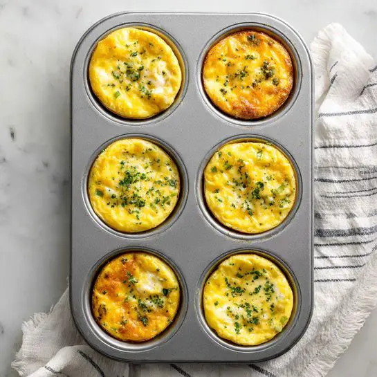 The image shows a silver muffin tin with six square baked egg muffins inside. Each muffin has a golden-yellow top with small green pieces, likely herbs or vegetables, scattered throughout. Some muffins have slight browning on the edges, indicating a crispy texture. The tin is set on a white marbled surface with a white and gray striped cloth nearby. The muffins look soft yet firm and are evenly spaced in the tin. photo taken with an iphone --ar 4:5 --v 7