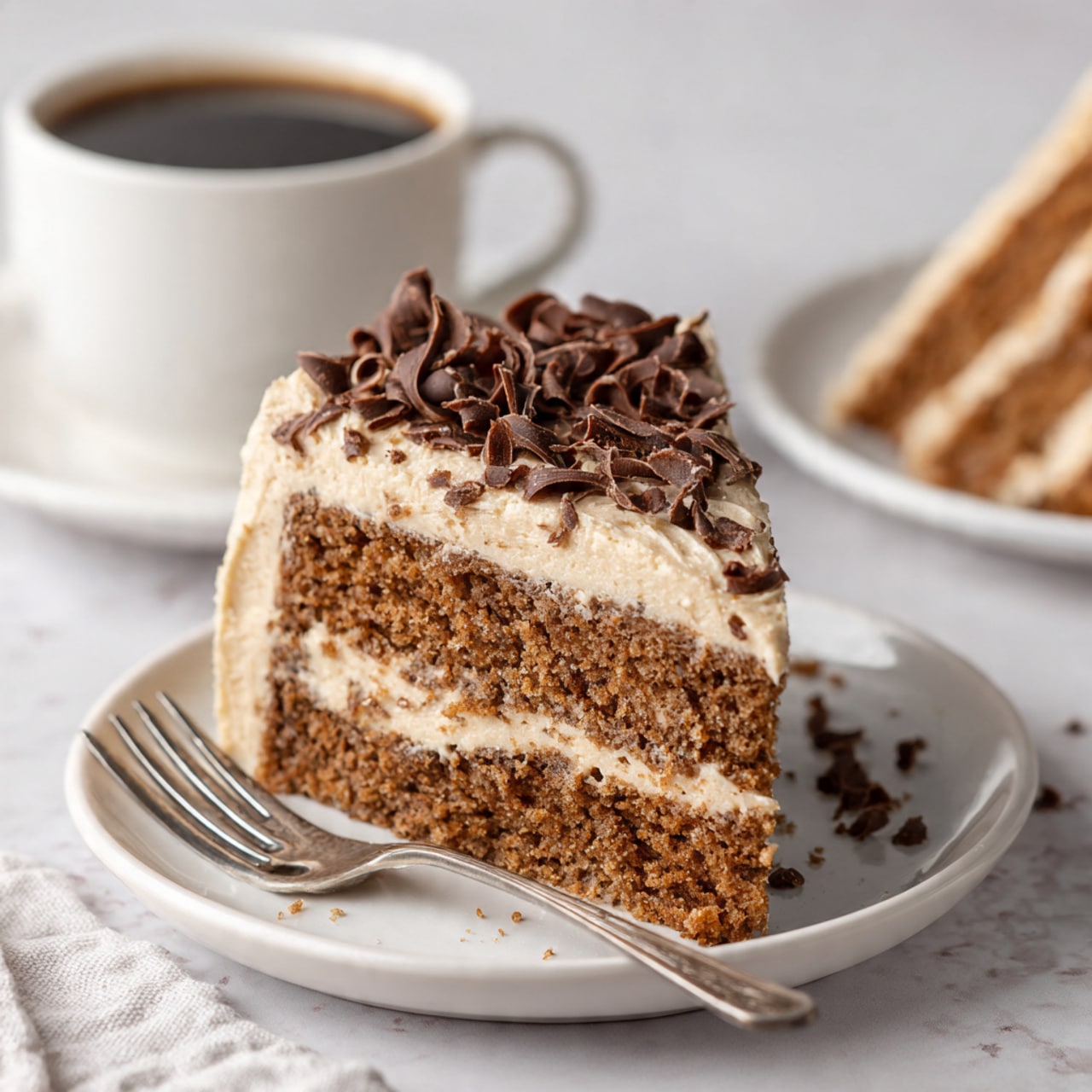 A single slice of brown cake with a rough, moist texture sits on a white plate. The cake has one thick layer of creamy light beige frosting on top, decorated with dark brown chocolate curls scattered over it. A silver fork rests on the plate beside the cake. In the background, there is a white cup filled with dark coffee and a blurred second slice of cake on a white plate. All is placed on a white marbled surface. Photo taken with an iphone --ar 4:5 --v 7
