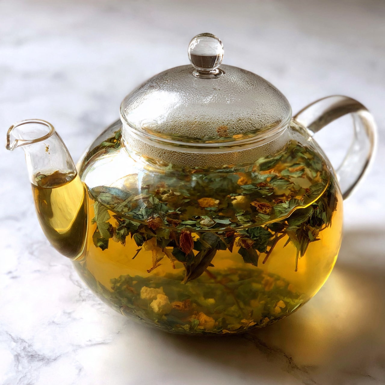 A clear glass teapot filled with a herbal tea blend, showing a mix of green leafy herbs and small brownish pieces floating in the warm, golden-yellow liquid. The teapot has a round body with a spout and a simple curved handle. The herbs are evenly scattered throughout the tea inside the pot against a clean white marbled background. photo taken with an iphone --ar 4:5 --v 7
