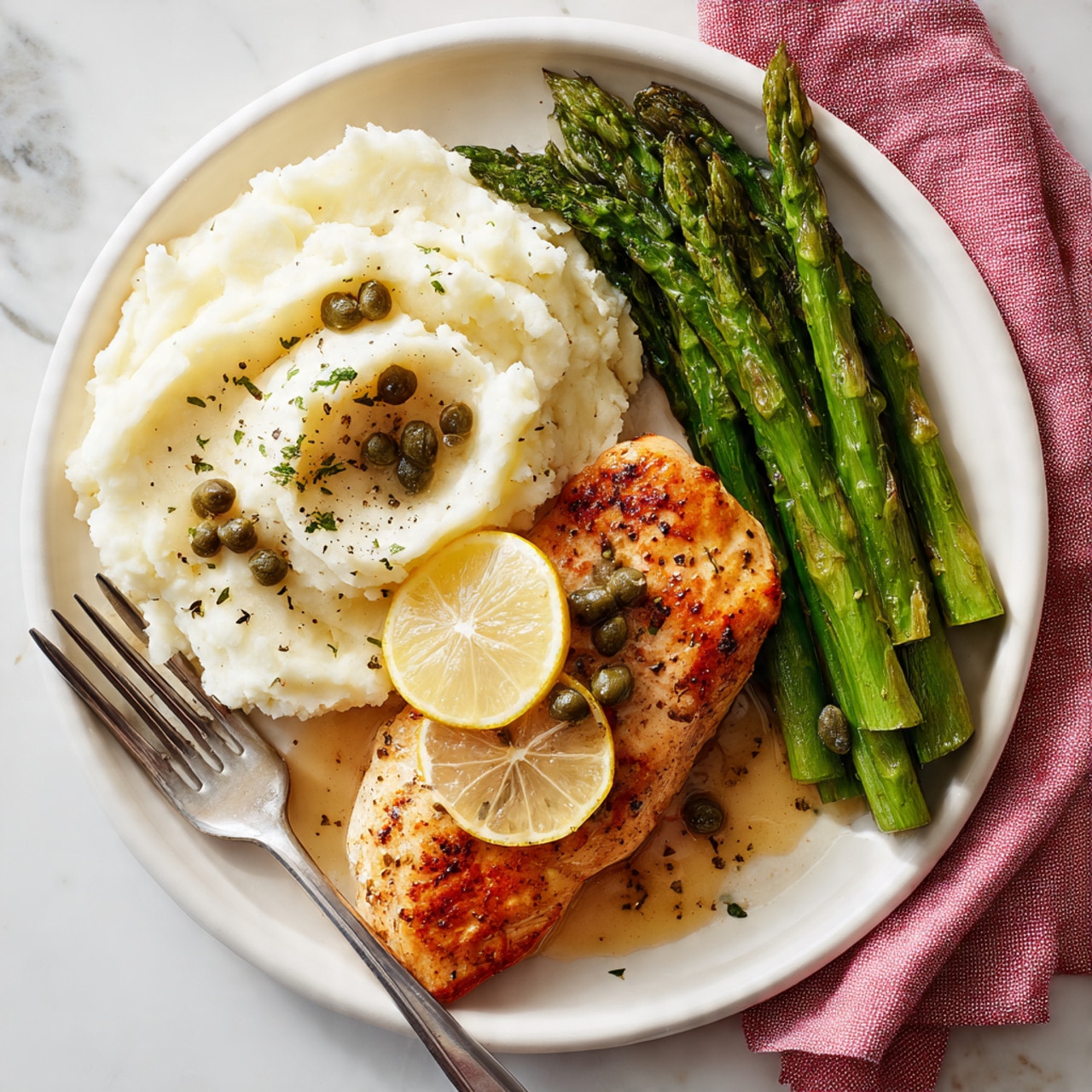 A white round plate holds three layers of food: the bottom layer is a large scoop of creamy white mashed potatoes sprinkled with small green herb pieces and black pepper. On the right side of the plate, there is a neat bunch of bright green cooked asparagus spears, tipped upwards and lightly seasoned with black pepper. On top of the mashed potatoes lies a golden-brown cooked chicken fillet covered with a light brown sauce that includes whole green capers. A thin slice of lemon rests on the chicken, and another slice is partly under the chicken over the mashed potatoes. The plate is on a white marbled surface with a pink cloth napkin nearby. A fork is partly placed under the mashed potatoes on the left side of the plate. photo taken with an iphone --ar 4:5 --v 7