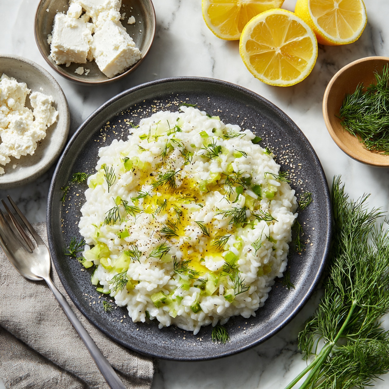 On a white marbled surface, there is a dark gray plate filled with a creamy risotto dish. The risotto has two main layers: a base of soft, white rice mixed with small pieces of light green vegetables and onions, topped with a drizzle of olive oil and sprinkled with fine green herbs like dill and a light dusting of black pepper. Around the plate, there are small bowls with soft white cheese and fresh dill herbs, as well as two lemon halves showing their yellow inside. A woman's hand is visible holding a fork near a gray cloth napkin and more fresh dill sprigs lay on the surface. photo taken with an iphone --ar 4:5 --v 7