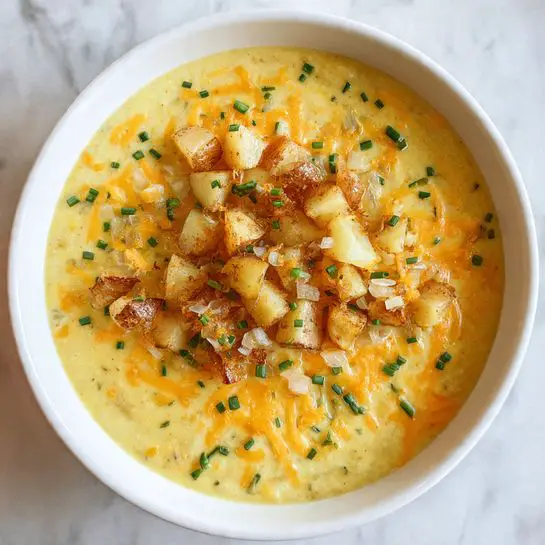 A close-up image of a dish in a white bowl showing three main layers; the bottom layer is a smooth, creamy yellow mixture filling most of the bowl's base, sprinkled with small orange shredded cheese and chopped green chives across the surface. The top layer features golden brown, small diced cooked potatoes with a slight sheen, mixed with translucent cooked onions, placed mainly in the center. The background is a white marbled texture. Photo taken with an iphone --ar 4:5 --v 7