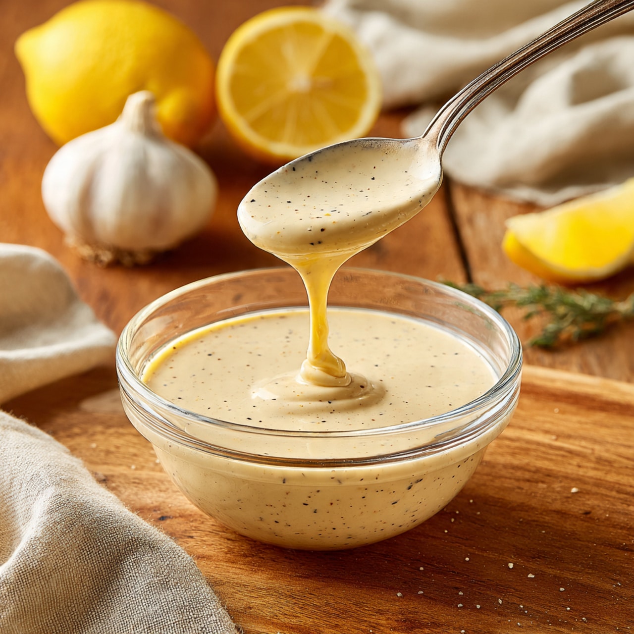 A clear glass bowl sits on a wooden surface holding a creamy light beige sauce with small black specks, showing a smooth and thick texture. Above the bowl, a metal spoon is lifting some sauce, allowing it to drip slowly back into the bowl, highlighting its creamy consistency. In the background, there is a bright yellow lemon, both whole and cut, along with a garlic bulb, resting on the wood near a beige cloth with soft folds. The setting is warm and natural with soft lighting. photo taken with an iphone --ar 4:5 --v 7