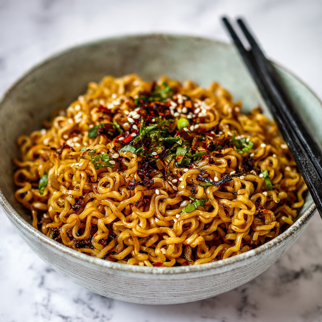 A close-up of a bowl of cooked noodles, the noodles are golden brown and twisted, coated with a dark sauce giving them a shiny texture. On top, there are white sesame seeds scattered and small pieces of green herbs and sliced green chili peppers. Dark red chili flakes are also sprinkled for a spicy look. The noodles are served in a light grey textured bowl with black chopsticks resting on the side. The background is a white marbled texture. photo taken with an iphone --ar 4:5 --v 7