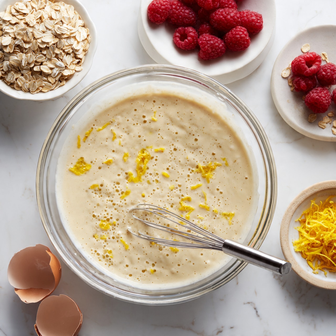 A clear glass bowl sits in the center on a white marbled surface, filled with a creamy, pale mixture that has yellow streaks, likely from lemon zest or egg yolk, with small bubbles on top. Inside the bowl is a silver whisk resting diagonally. Around the bowl are three small white dishes: one filled with light brown rolled oats, one with bright red raspberries, and one small plate with shredded yellow lemon zest. Nearby, on the white marbled surface, there are two brown eggshell halves. The scene is bright and clean, showing a light, fresh preparation stage. photo taken with an iphone --ar 4:5 --v 7