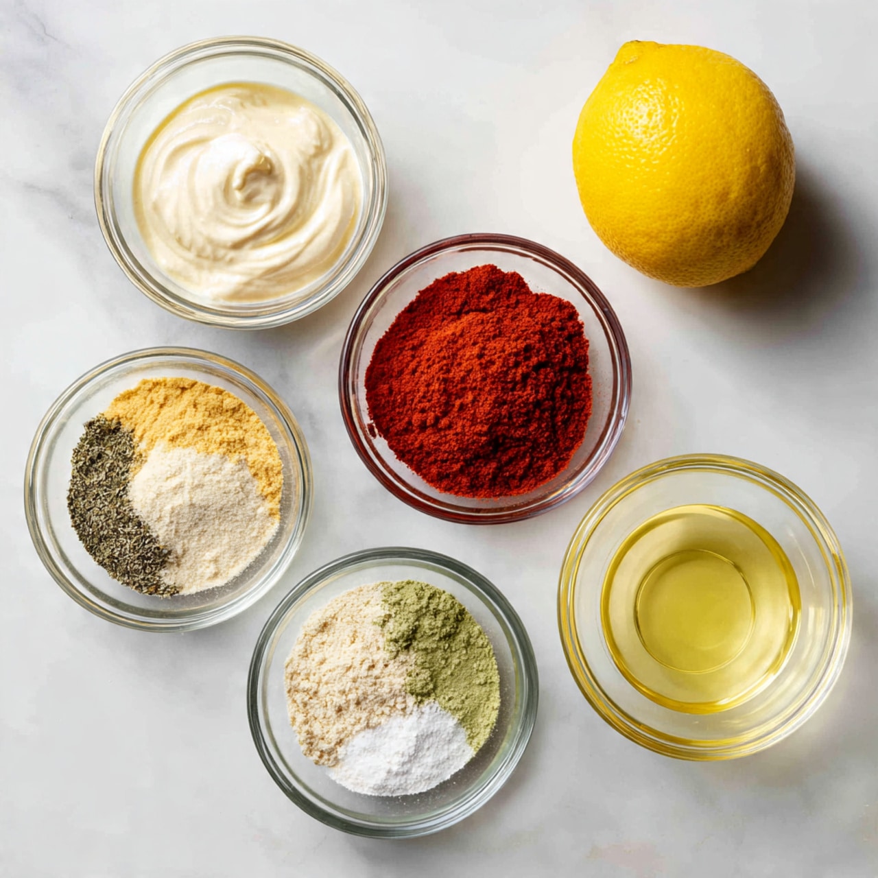The image shows five separate layers of ingredients on a white marbled surface: a clear glass bowl with a creamy white substance in the top left, a bright yellow lemon on the top right, a clear glass bowl filled with a red sauce in the center right, a clear glass bowl with several dry powders and herbs layered inside with green, beige, white, and black colors in the bottom left, and a clear glass bowl with a light yellow liquid, possibly oil, on the bottom right. Each bowl is clear and round, showing the distinct texture and color of each ingredient. Photo taken with an iphone --ar 4:5 --v 7