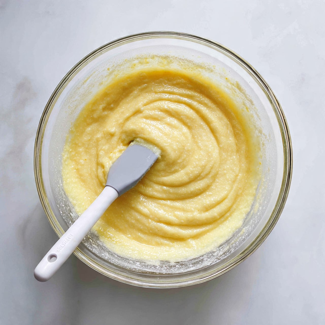 A clear glass bowl filled with a thick yellow batter that has a slightly grainy texture, showing smooth swirling patterns from stirring. A white spatula with a grey handle is partially dipped into the batter on the left side of the bowl. The bowl is placed on a white marbled surface, and there is a faint dusting of flour or powder around the edges of the bowl inside. The lighting shows a soft shine on the batter's surface. photo taken with an iphone --ar 4:5 --v 7
