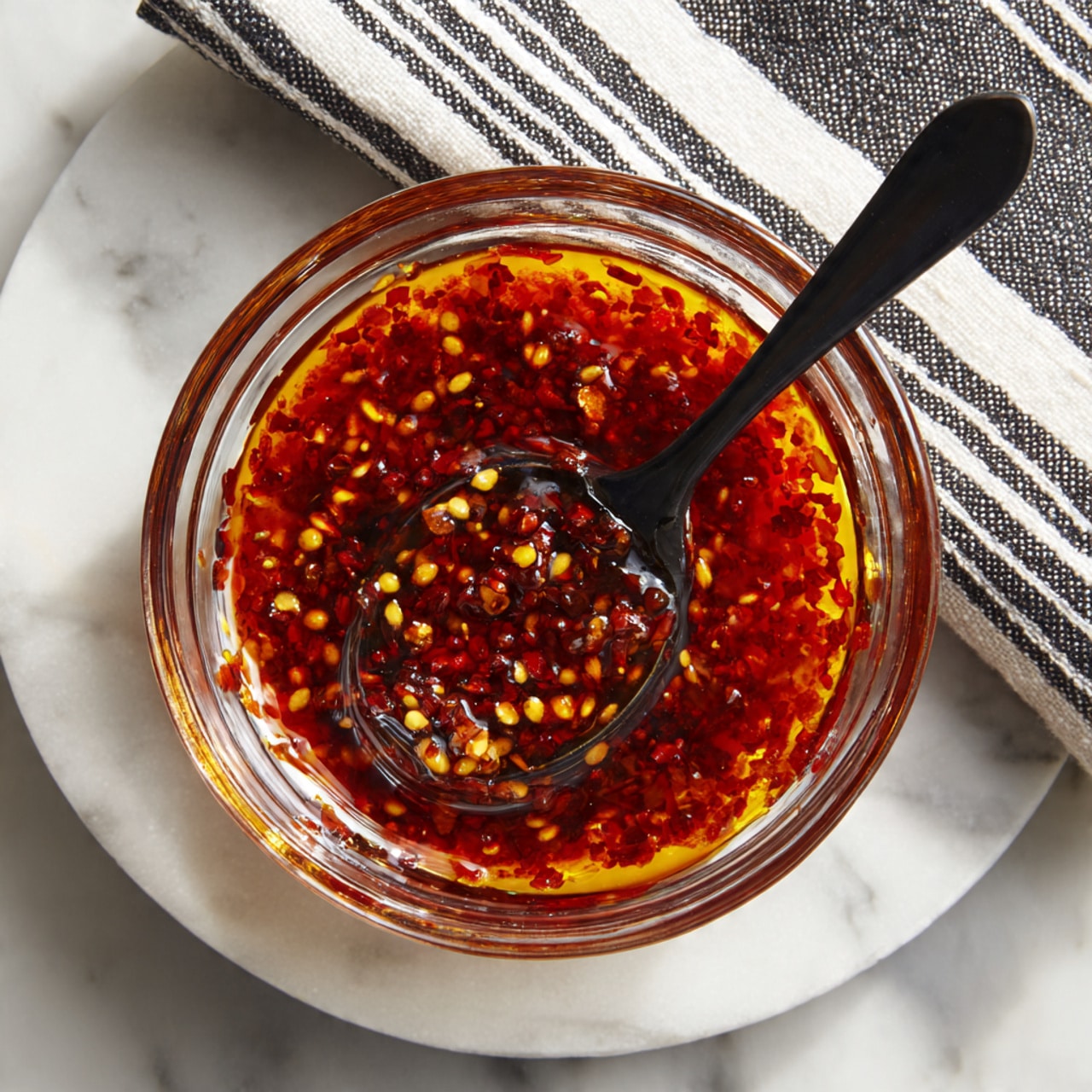 A clear glass bowl sits on a white marbled surface with a black and white striped cloth nearby. Inside the bowl, there is a single layer of red chili sauce mixed with visible red chili flakes and small yellow seeds floating throughout. The sauce has a shiny, oily texture with a dark center where a black spoon rests, its handle extending outward from the bowl. The scene is lit softly, highlighting the vibrant colors of the sauce and specks of spices on the bowl edges photo taken with an iphone --ar 4:5 --v 7