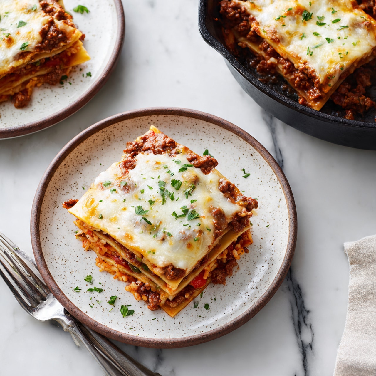 A white speckled plate holds a layered dish with three main layers; the bottom layer is a mix of orange rice with visible small red and yellow bell pepper pieces, the middle is a ground meat layer with a brownish color scattered evenly through the rice, and the top layer is melted white cheese with some yellow-brown spots from baking and small green herb pieces sprinkled on top. The plate is placed on a white marbled surface, next to a black cast iron skillet containing a similar dish and another white speckled plate with the same food portion. A woman's hand with a fork is partially visible near the bottom left of the image. photo taken with an iphone --ar 4:5 --v 7