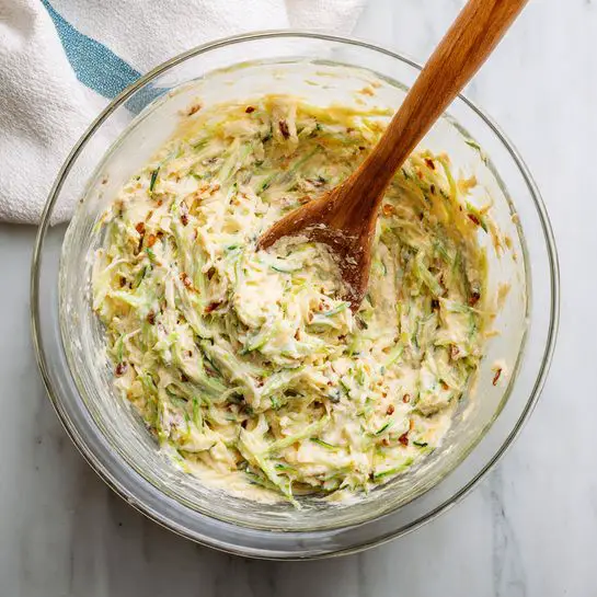 A clear glass bowl filled with a thick mix that has three main layers: soft, light green shredded zucchini strands spread throughout, creamy light yellow batter holding the mix together, and small bits of light brown ingredients scattered inside. A wooden spoon with a smooth texture is stirring the mixture, its bottom resting inside the bowl with some of the mix clinging to it. The bowl is sitting on a white marbled surface next to a folded white and light blue cloth. Photo taken with an iphone --ar 4:5 --v 7