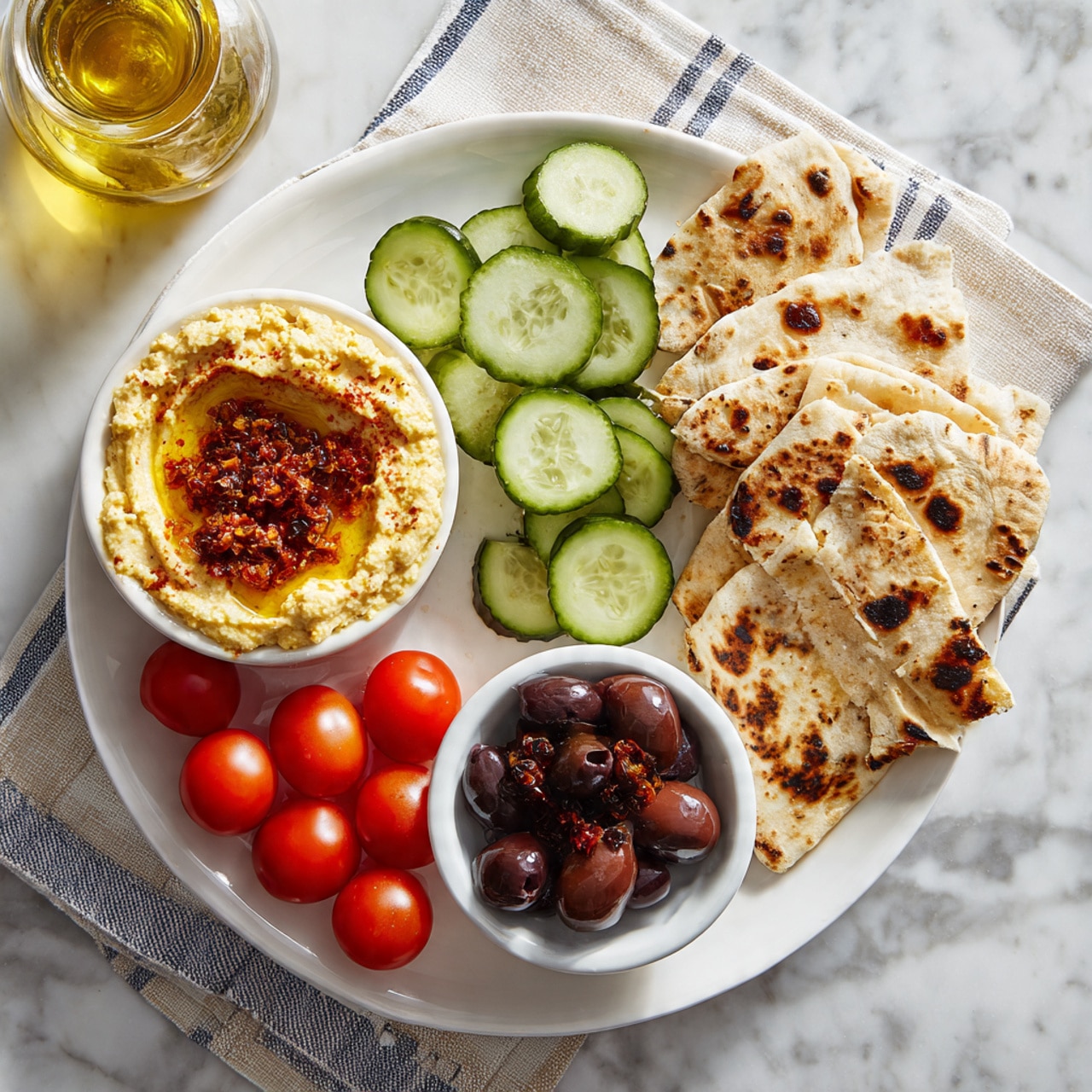 A white plate holds a colorful mix of Mediterranean food arranged in a visually pleasing way. On the top right side, there are several pieces of flatbread with browned spots stacked together. Next to the bread on the right are light green cucumber slices, neatly piled. Below the cucumbers, there is a small white bowl filled with dark black olives. To the left of the olives, a round bowl contains creamy hummus topped with a red sauce and small dark bits, creating a textured, swirled surface. At the bottom left of the plate, bright red cherry tomatoes on the vine nestle closely together, adding a pop of vibrant color. The plate rests on a white marbled surface with a folded striped cloth underneath it, and a clear glass bottle of golden olive oil is seen near the top left corner. Photo taken with an iphone --ar 4:5 --v 7