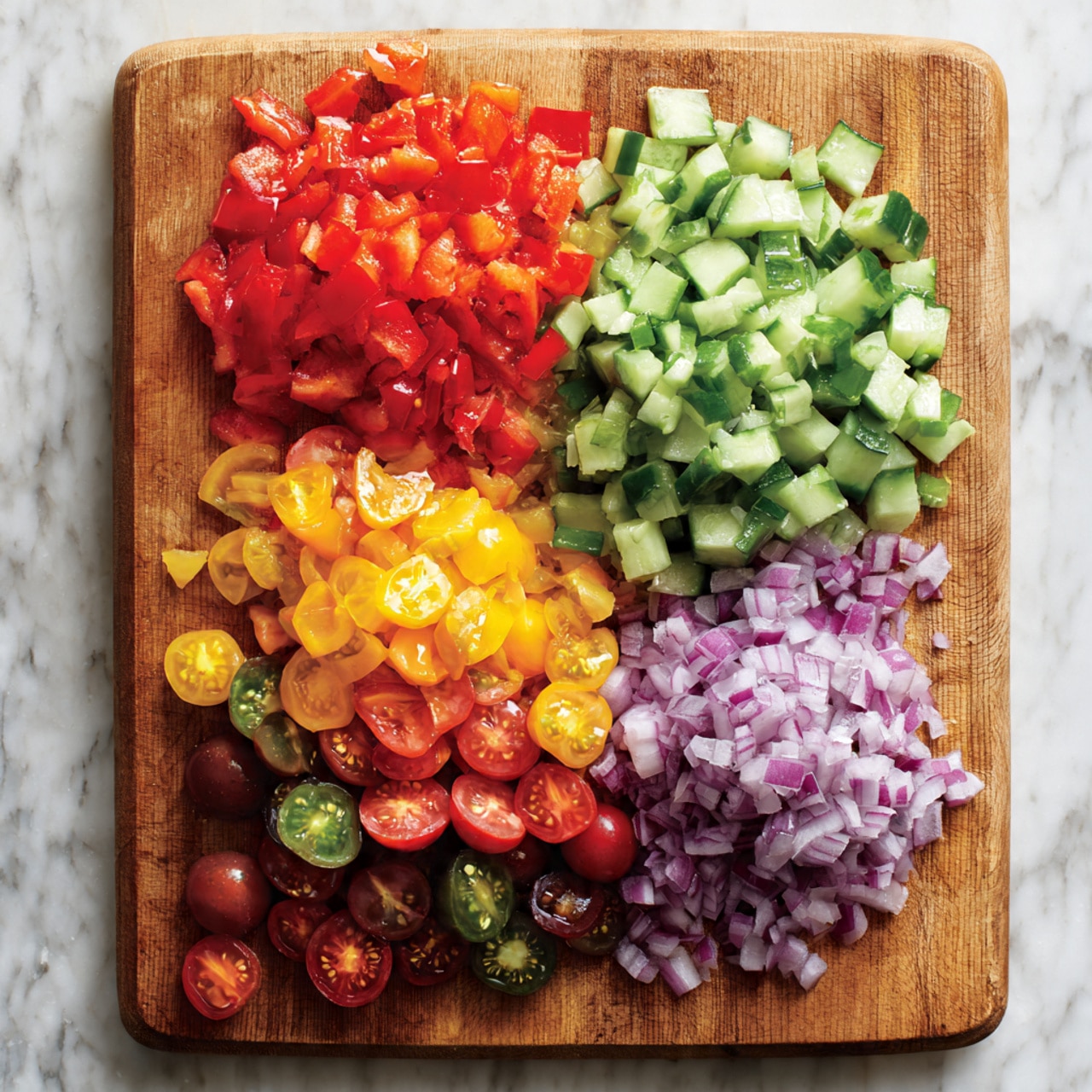 The image shows four layers of chopped vegetables neatly placed on a wooden cutting board. The top layer has bright red chopped bell peppers with a smooth, shiny texture. Below them is a layer of green cucumber pieces that appear fresh and crisp with a slight shine. The next layer is made of purple diced onions with a slightly translucent texture. The bottom layer features a colorful mix of halved cherry tomatoes in red, yellow, and dark purple colors, looking juicy and fresh. The background is a white marbled texture. photo taken with an iphone --ar 4:5 --v 7