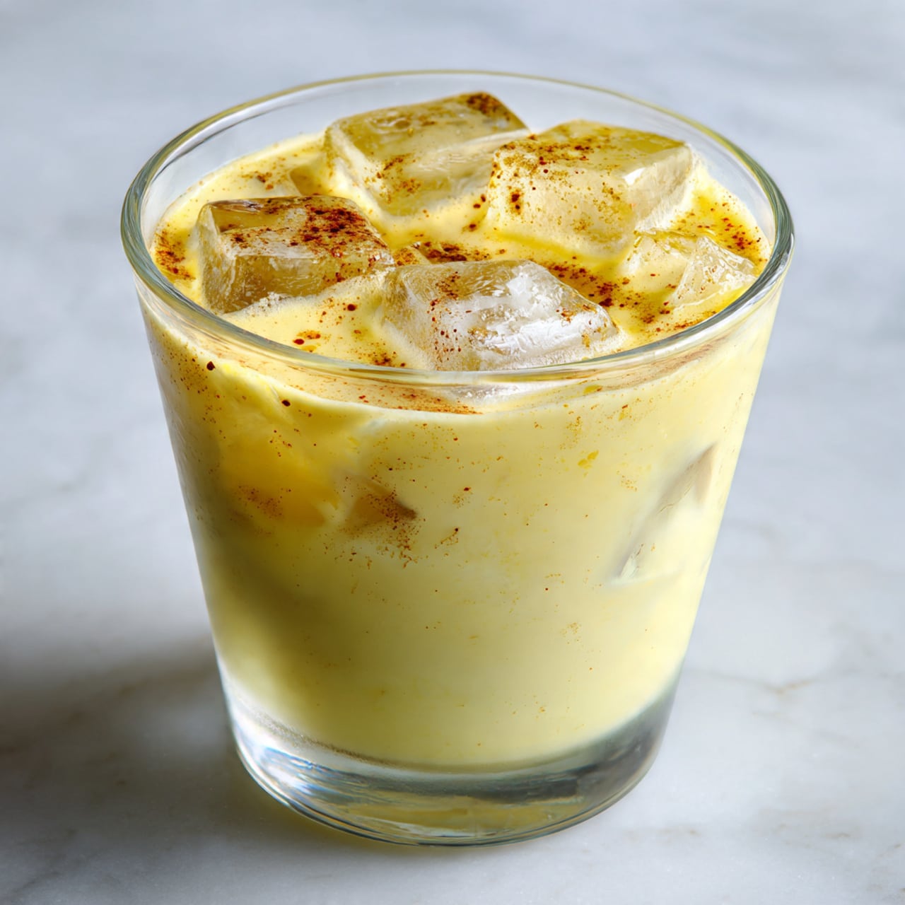 A clear glass filled with a creamy yellow drink, showing visible specks of spices. The drink has four large ice cubes floating on the surface, giving a translucent white and slightly frosted texture. The top layer is the ice cubes sitting evenly in the yellow liquid, with a close-up view that captures the liquid's smooth, thick texture. The background is a white marbled surface. Photo taken with an iphone --ar 4:5 --v 7