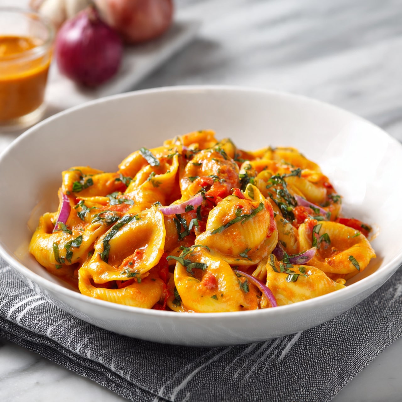 A bowl filled with large, shell-shaped pasta coated in an orange sauce, with small pieces of red bell pepper and purple onion scattered evenly on top, along with some green herb leaves sprinkled throughout, all placed on a white marbled surface with a gray striped cloth underneath the white bowl; in the background, there is a glass container with more orange sauce and some whole red bell pepper and onion slightly blurred. photo taken with an iphone --ar 4:5 --v 7