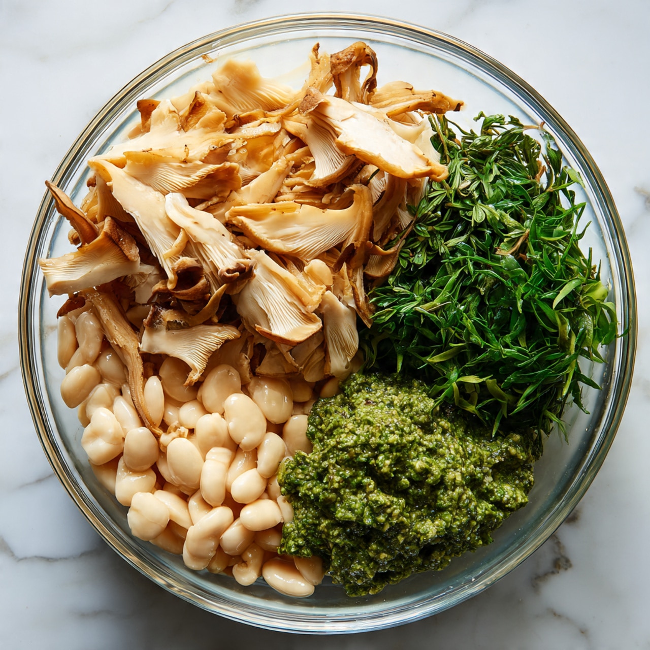 The image shows a clear glass bowl filled with several layers of ingredients placed separately without mixing. The top left area holds pale beige creamy mushroom pieces with a soft, layered texture. Below the mushrooms, there is a pile of smooth white beans. To the right of the beans, bright green leafy herbs with a fine texture are visible. Next to the herbs, a chunk of thick, bright green pesto or sauce with a coarse texture is placed. The bowl is seen on a white marbled surface, and a woman's hand is holding the edge of the bowl. photo taken with an iphone --ar 4:5 --v 7
