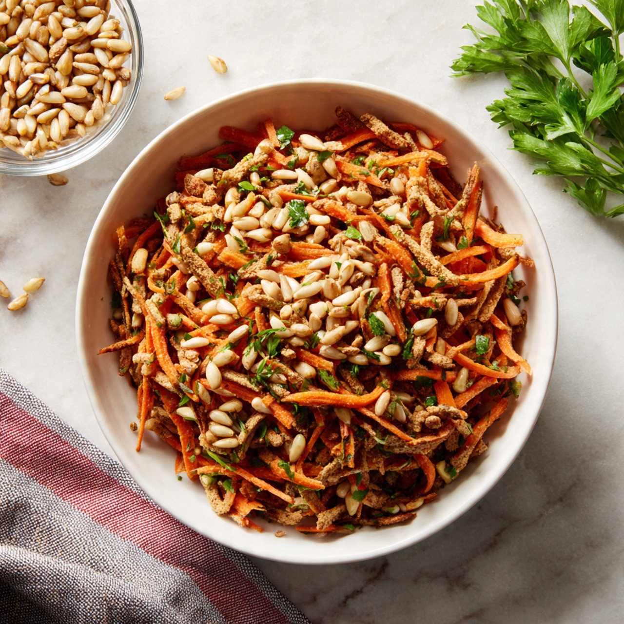 A clear glass bowl filled with thin orange carrot strips mixed with small green herb pieces and light beige seeds; the carrot strips have a slightly shiny, moist texture, and the herbs are spread evenly throughout, adding small pops of green. There are two metal tongs in the bowl positioned to the right, partially submerged in the carrot mix. The bowl is placed on a white marbled surface, with two whole carrots lying in the background near the top edge of the image. Photo taken with an iphone --ar 4:5 --v 7