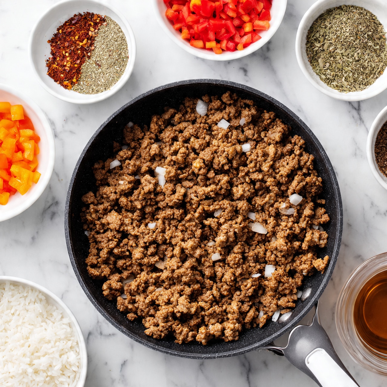 A black pan with white handle contains cooked ground meat mixed with small bits of cooked onion, showing a crumbly texture and brown color with some white pieces scattered on top. Around the pan, there are several white bowls on a white marbled surface: one bowl holds uncooked white rice, another has a mix of red and orange diced bell peppers, and a third contains mixed dried herbs and spices arranged in sections. A clear jug with a brown liquid is partially visible on the right side. The image shows a clean and organized cooking scene. photo taken with an iphone --ar 4:5 --v 7