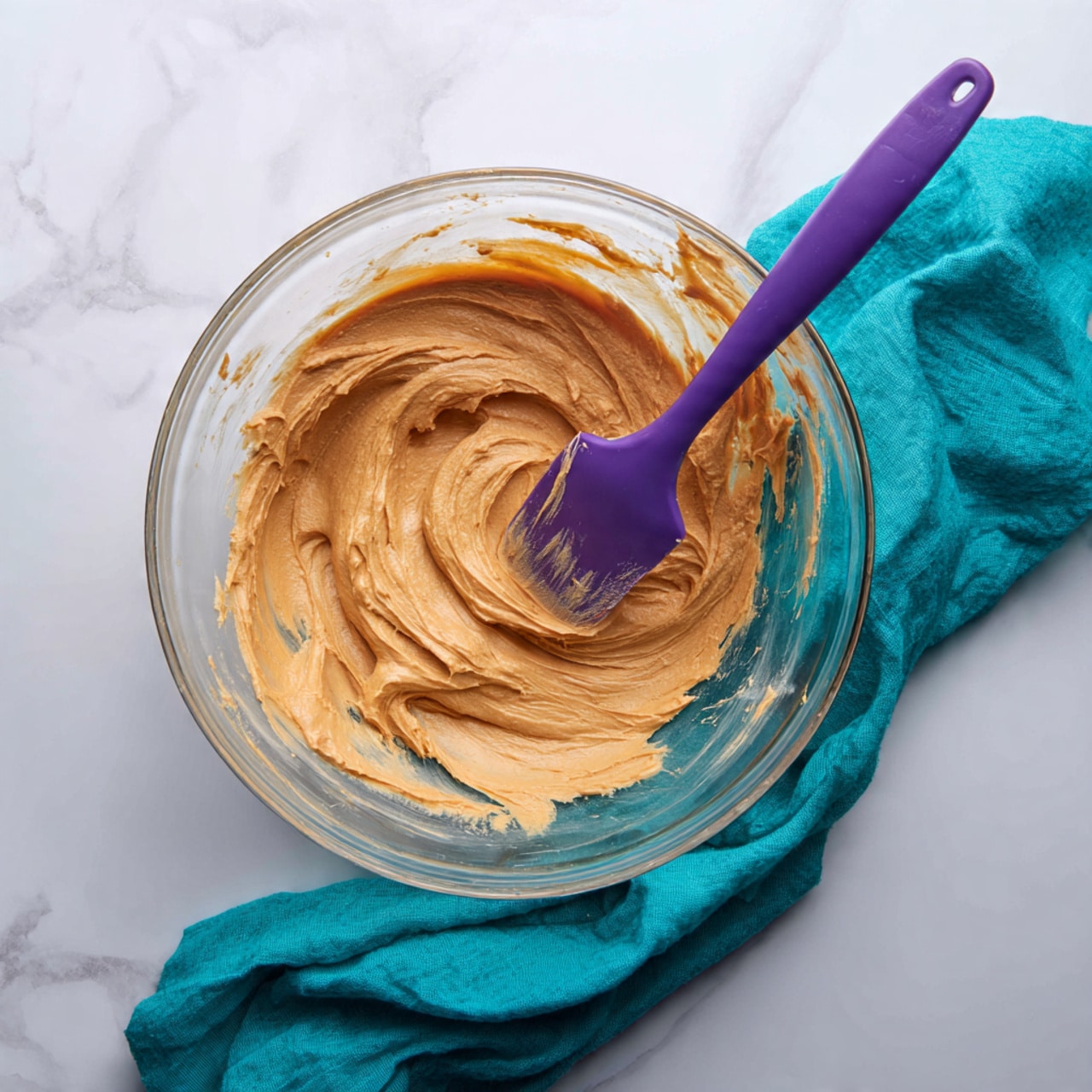 A clear glass bowl sits on a white marbled surface, filled with one thick layer of light brown creamy mixture that looks smooth and soft. A purple spatula with a long handle is partially buried in the mixture, showing the texture as it spreads. A teal cloth lies underneath the bowl on the right side, adding a splash of color to the scene. Photo taken with an iphone --ar 4:5 --v 7