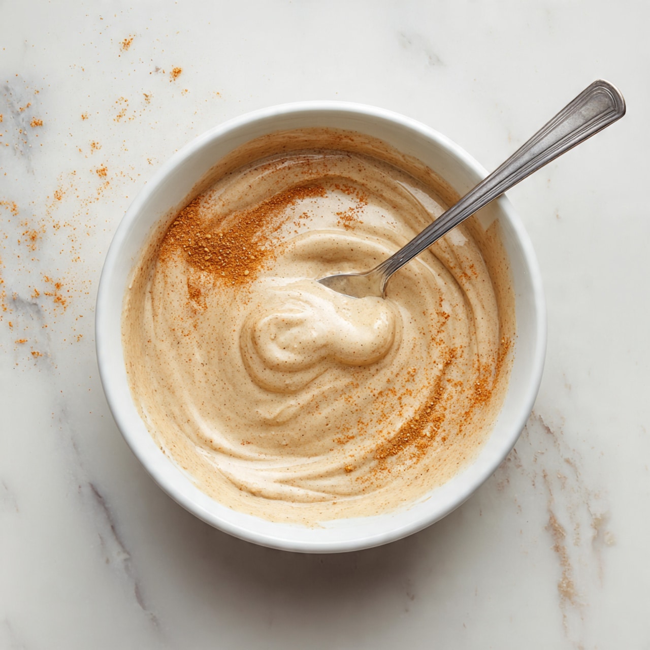 A white bowl filled with a thick, creamy beige sauce that has a slightly grainy texture and swirls on top, with some light orange powder traces around the rim. A silver spoon rests inside the bowl, partially covered with the sauce. The bowl is placed on a white marbled surface. Photo taken with an iphone --ar 4:5 --v 7