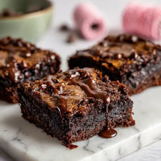 There are three dark brown chocolate brownies placed on a white marbled surface in a diagonal line from bottom left to top right. Each brownie has a rough, slightly crumbly texture with chocolate chips embedded on the top layer. A glossy, smooth chocolate sauce is drizzled unevenly over the brownies, adding a shiny contrast to the matte texture of the baked brownie. The background is blurred with hints of a green bowl and a spool of pink and white string, focusing the attention on the rich brownies. photo taken with an iphone --ar 4:5 --v 7