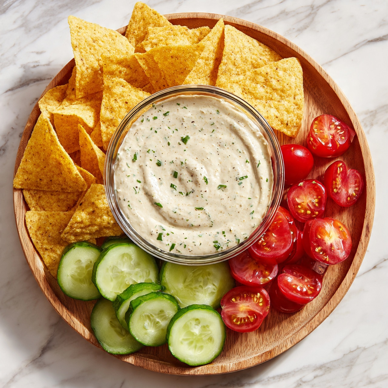 A round glass bowl with creamy light beige dip mixed with herbs is placed in the center on a wooden board. Around the bowl, there are three groups of snacks arranged in a circular pattern: fresh green cucumber slices with light green centers on top and bottom right, bright red grape tomatoes on the left, and golden yellow triangular tortilla chips on the right and top left. The background shows a white marbled surface. photo taken with an iphone --ar 4:5 --v 7