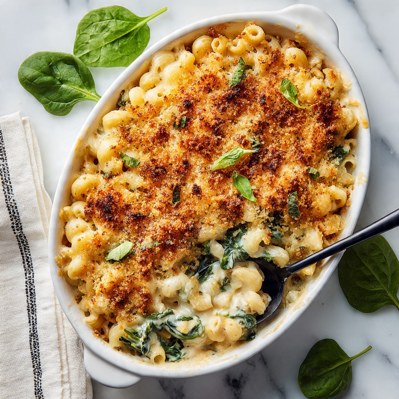A white bowl holds a pasta dish with small curved pasta pieces covered in creamy cheese sauce. Mixed into the pasta are bright green spinach leaves that add color contrast. The top layer is sprinkled with browned breadcrumbs and finely chopped green herbs, adding texture and freshness. The white marbled surface beneath the bowl adds a soft, clean background. photo taken with an iphone --ar 4:5 --v 7