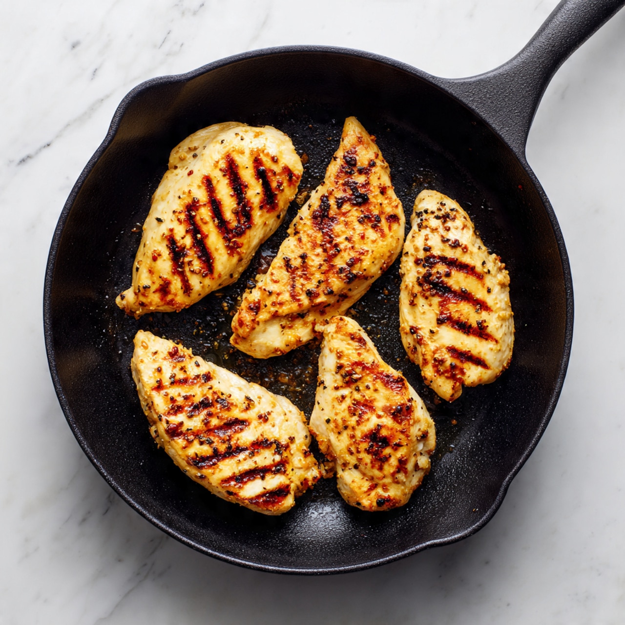 The image shows a black cast iron pan placed on a white marbled surface. Inside the pan, there are four pieces of cooked chicken with a golden brown color and slight grill marks, evenly spaced in the pan. The chicken pieces have a slightly crispy texture on the outside, with some areas showing lighter and darker shades of brown. The pan handle is visible in the top right corner. photo taken with an iphone --ar 4:5 --v 7
