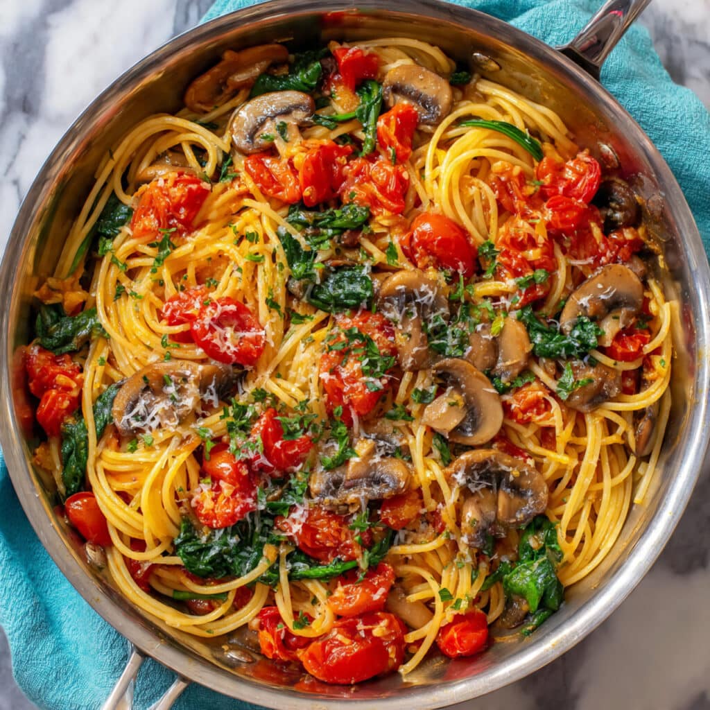 One-Pot Vegetarian Spaghetti with Mushrooms, Spinach, and Tomatoes Recipe