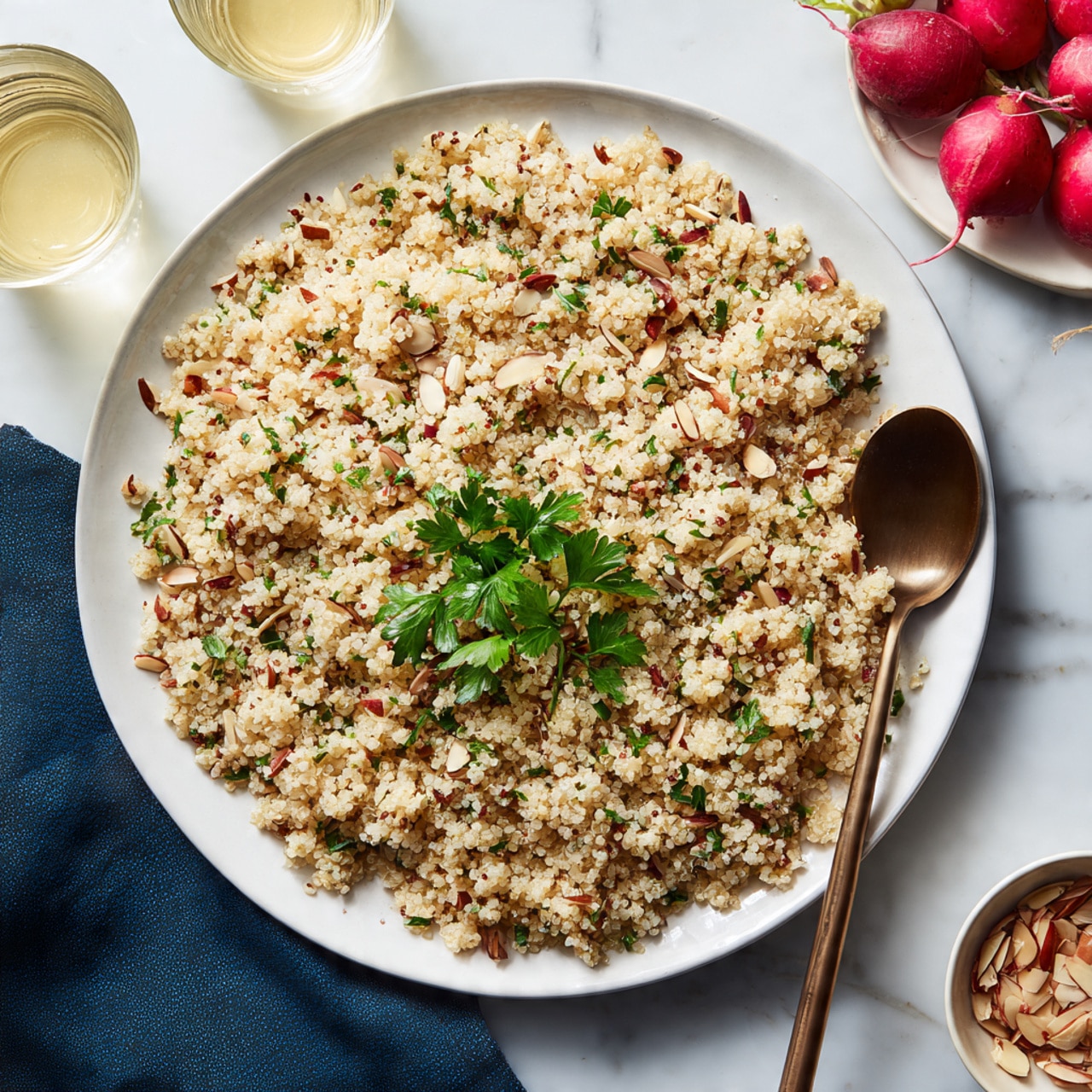 A bowl with a base layer of light brown quinoa fills the bottom. On top, separate sections of chopped dark purple olives, finely diced light purple onions, pale green cucumber chunks, halved orange and yellow cherry tomatoes, cream-colored chickpeas, and a heap of chopped fresh green herbs sit arranged evenly in a circular pattern. The bowl is white with a textured gray interior. The background is a white marbled surface. photo taken with an iphone --ar 4:5 --v 7