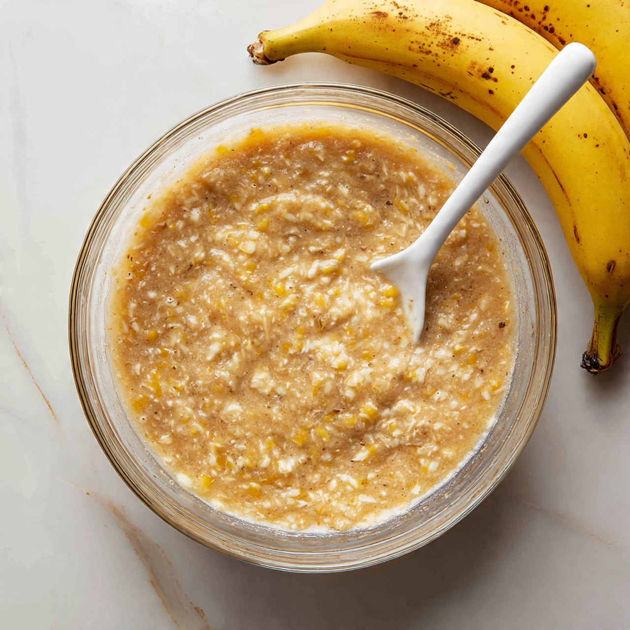 A clear glass bowl filled with a light brown, chunky batter mixture that has small yellow banana pieces visible throughout. The batter looks thick and wet, with a smooth texture showing some lumps. A white spatula is partially dipped into the batter on the right side of the bowl. In the background, two whole ripe bananas with some brown spots rest on a white marbled surface. The image is focused on the bowl and its contents, with a warm tone overall. photo taken with an iphone --ar 4:5 --v 7