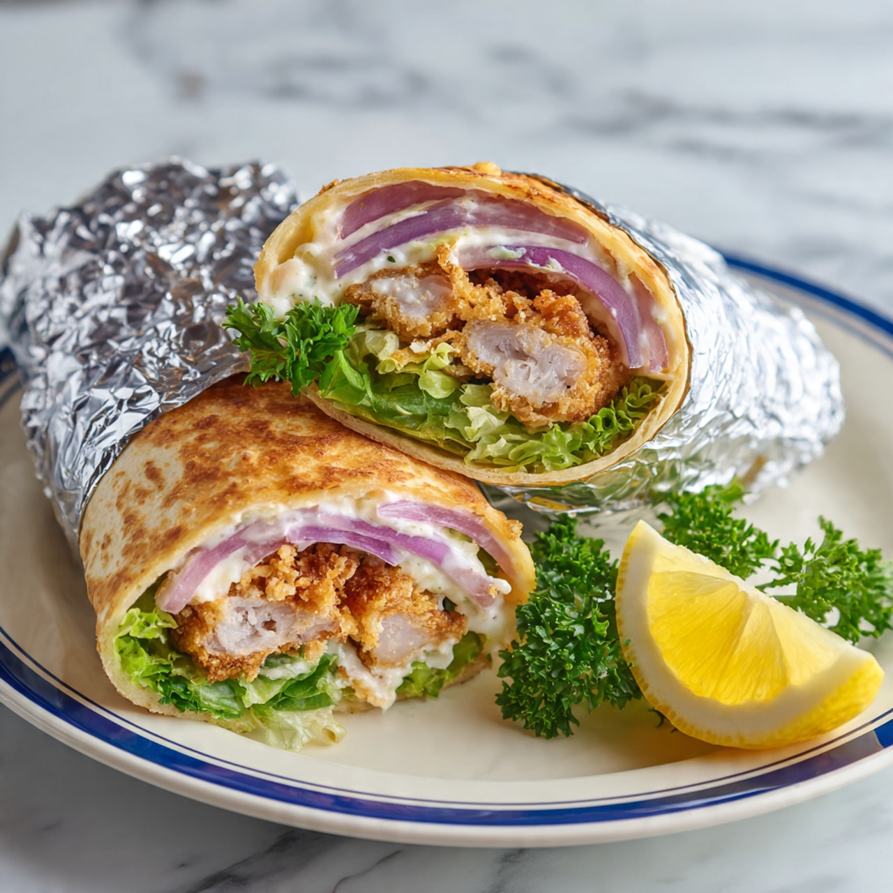 The image shows a slow cooker filled with cooked chicken pieces that are lightly browned and shredded. The chicken is mixed with thin slices of cooked onions that have a soft, translucent texture. Scattered throughout are small green herb leaves, and there are a few lemon wedges placed on top for a pop of yellow color. The food is inside a shiny metal slow cooker with curved dark edges. The whole setting is against a white marbled surface. photo taken with an iphone --ar 4:5 --v 7