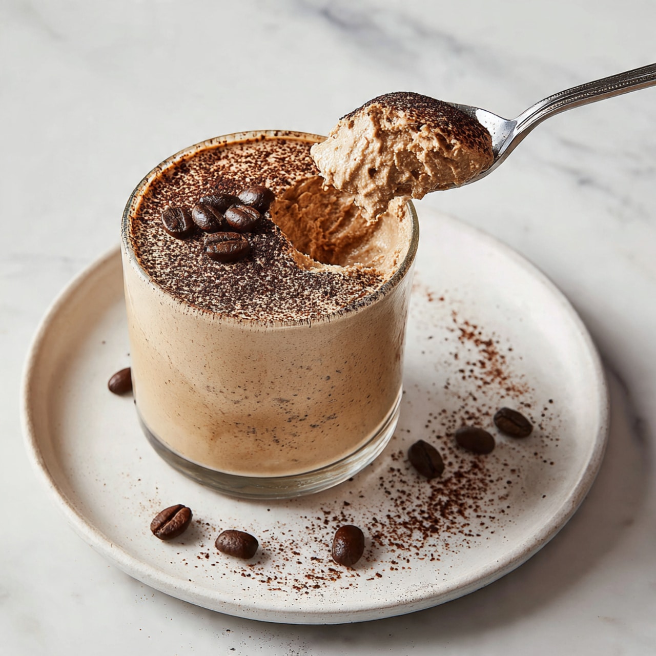 A glass cup filled with a thick, light beige coffee-flavored mousse topped with fine dark brown powder and a few whole dark brown coffee beans scattered on top; a silver spoon is scooping a creamy portion from the mousse, showing its soft and airy texture. The cup is placed on a round white plate with some coffee beans and powder around it on a white marbled surface, creating a cozy and inviting look. Photo taken with an iphone --ar 4:5 --v 7